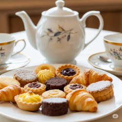 Close-up of delicious small pastries, a teapot, and teacups, representing interactive cooking classes.