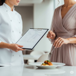 Chef Kellie discussing event plan with a client