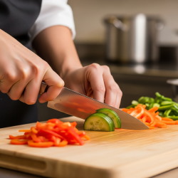 Close-up of a personal chef's hands meticulously slicing fresh ingredients for a private dining experience