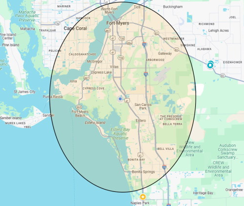 Map showing Chef Kellie's primary service area including Fort Myers, Estero, and Bonita Springs in Florida.